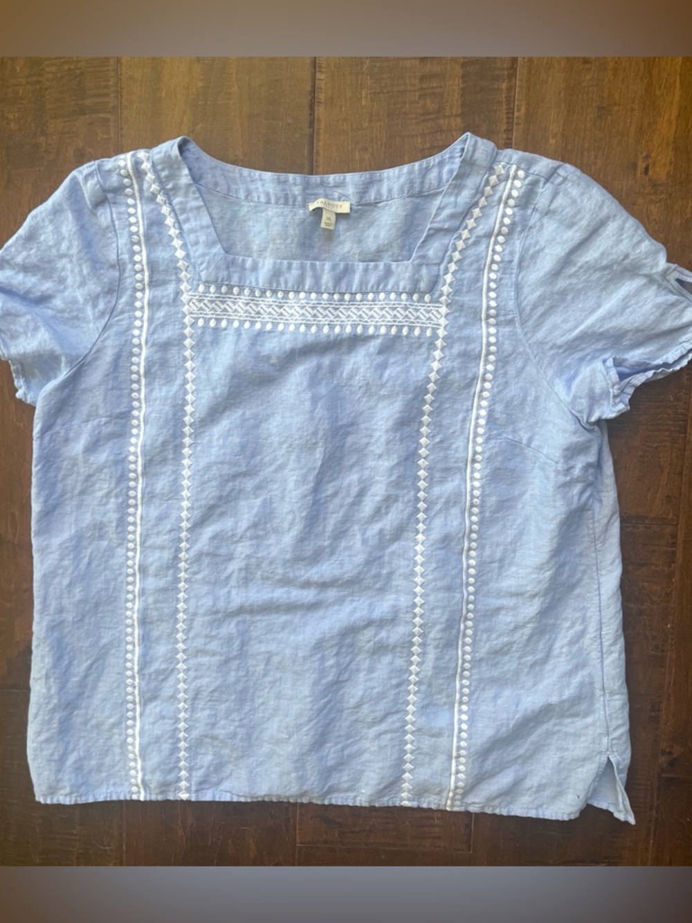 Talbots blue linen and cotton embroidereblouse blouse with tie sleeves sz XL